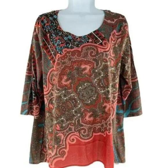 French Blue Women's Multicolor Paisley Shirt Back Embroidered 3/4 Sleeves Top XL - Picture 1 of 6